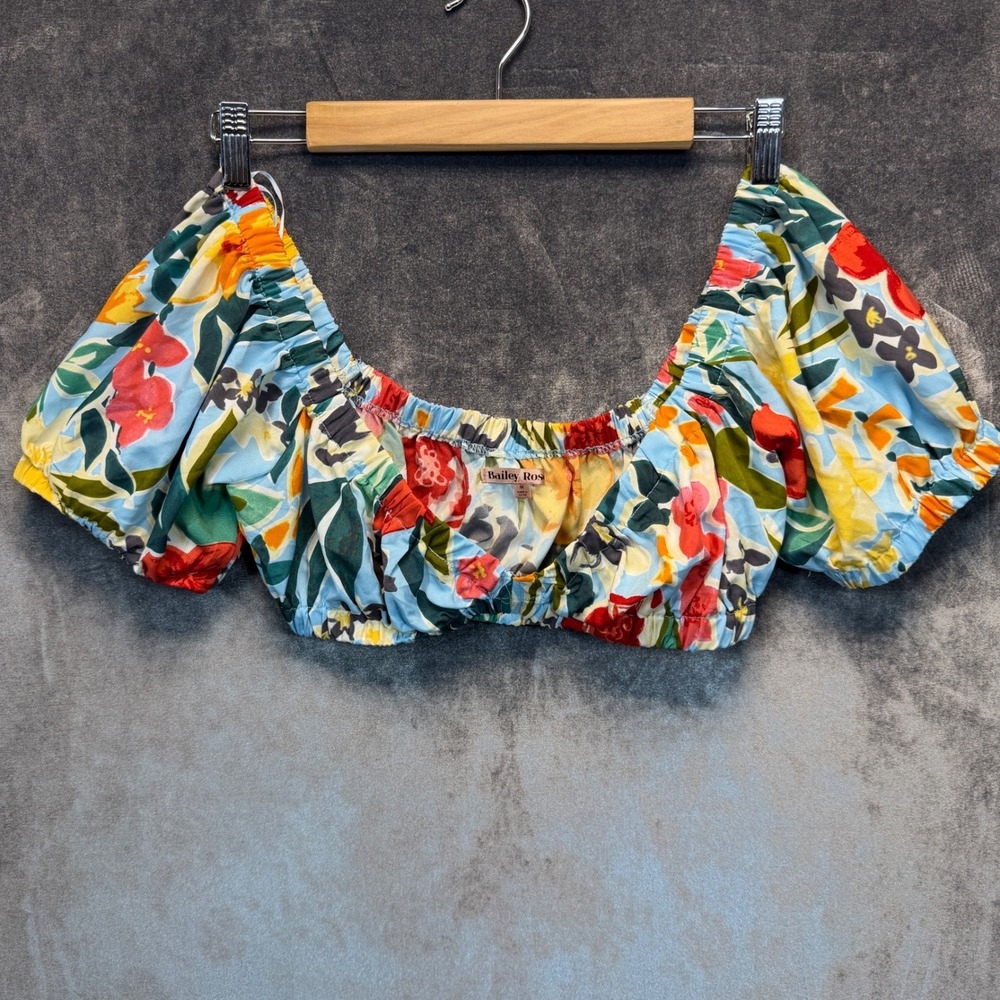 Bailey Rose Crop Top Womens Blue Regular Size M Floral Puff Sleeve Summer Boho
